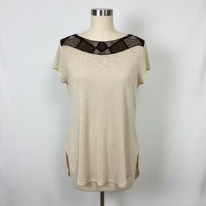 Ecote Womens XS Knit Top Beige Short Sleeve Embellished Lightweight Tee USA Made